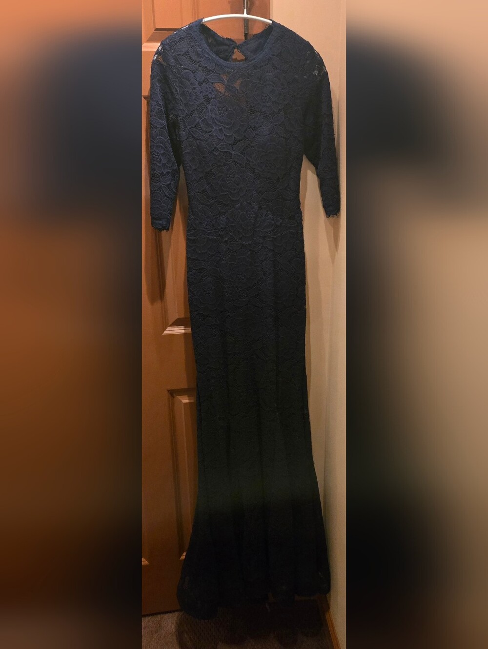 Betsy & Adam Navy Lace Backless Evening Mermaid Gown